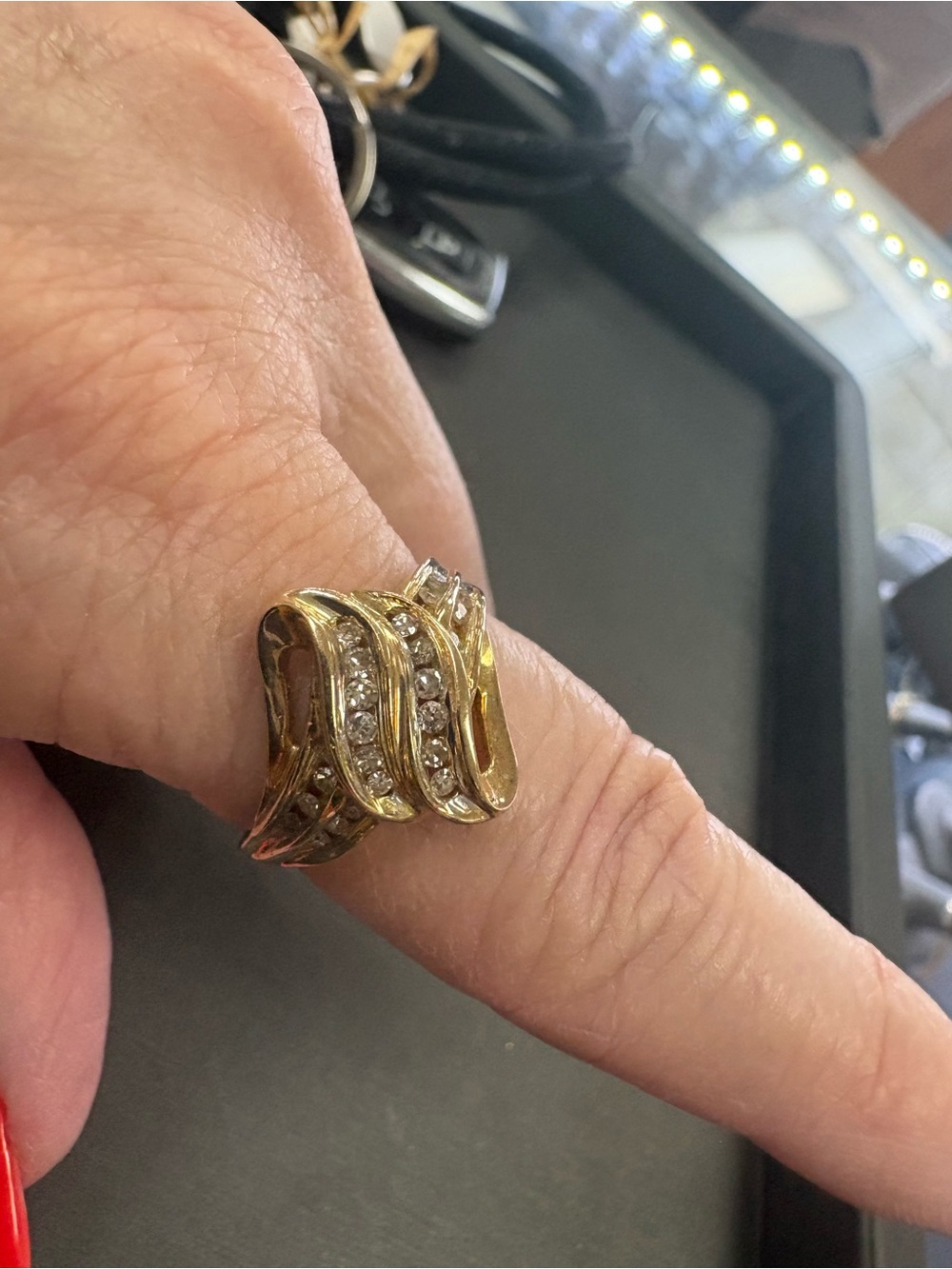 10k Gold Tone Wave Ring with Clear natural diamond- Women Jewelry $385